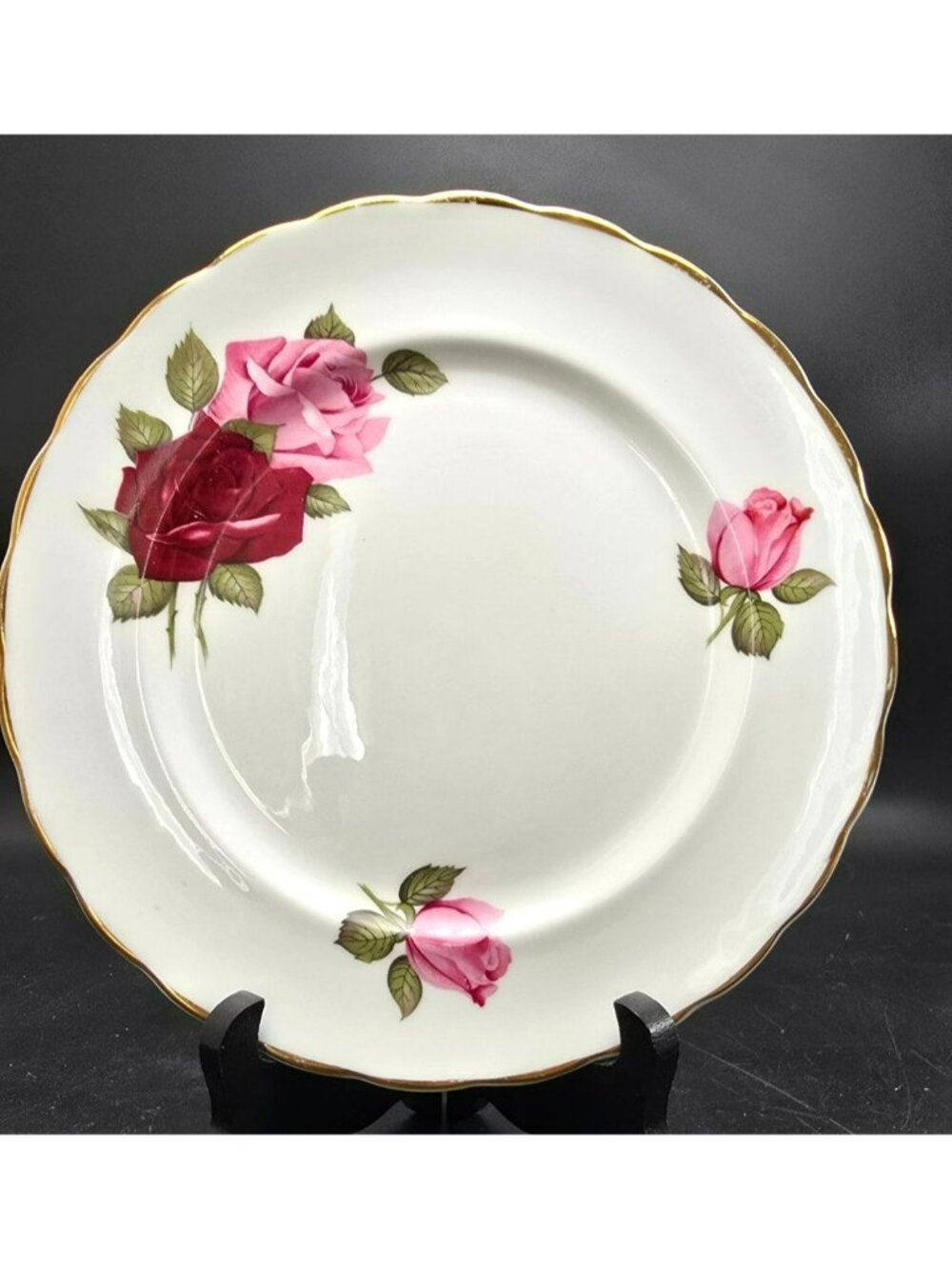 Vintage Bone China Plate With Pink & Red Roses Gold Trim England 8" VL5012